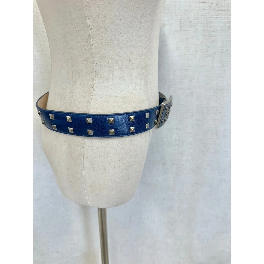 Pyramid Studded Leather Belt Womens‎ Small Navy Blue Silver Pyramid Punk Rock